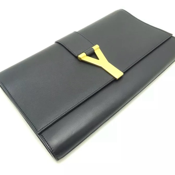 Yves Saint Laurent Black Leather Clutch with Gold Accent - Picture 3 of 5